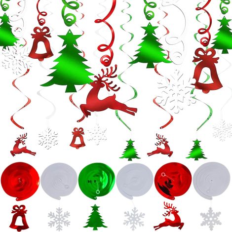 30 Christmas Ceiling Decorations with hanging swirls featuring Xmas tree, snowflake, reindeer, and bell for indoor and outdoor parties.