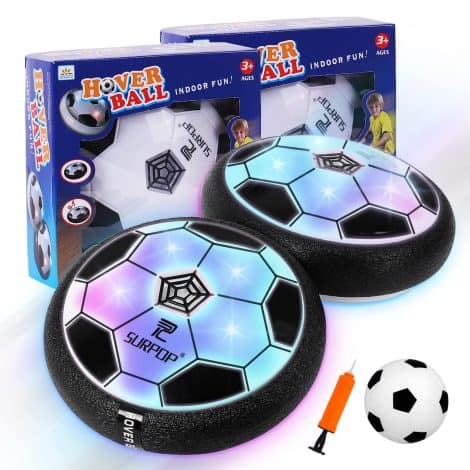 Football presents for young boys, includes 2 hover footballs suitable for ages 7-11, great for indoor activities and celebrations.