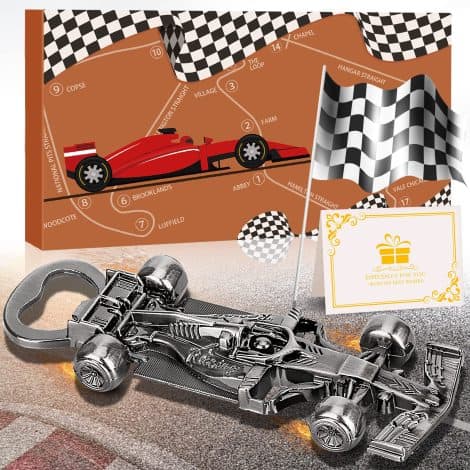 LU0306 – LULLEA Racing Car Gifts: Standout dark silver bottle opener for blokes, perfect for dads, boyfriends, and grandads on birthdays or Christmas.