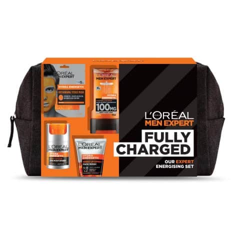 L’Oreal Men Expert Complete Grooming Kit: Energizing Washbag with Shower Gel, Moisturizer, Sheet Face Mask, and Face Wash.