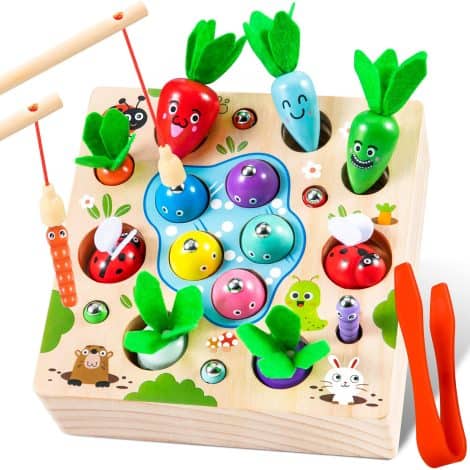 Wooden Fishing Game Toy | Montessori Magnetic Toys | Carrots Harvest Shape Sorter | Educational Gift, Ages 3-5.