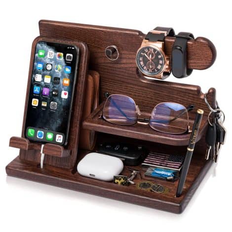 “Teslyar Wooden Phone Dock & Desk Organizer – Perfect Gifts for Men: Fathers, Boyfriends, Dads!”