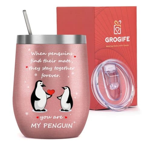 Christmas Secret Santa gifts for women, adorable travel mug, romantic anniversary or birthday presents for your loved one, penguin-themed.