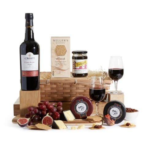 Premium Port and Cheese Gift Set – Festive Hamper for Couples – Exquisite Ruby Port, Handcrafted Crackers, Snowdonia Cheese, Onion Chutney, from Clearwater Hampers.