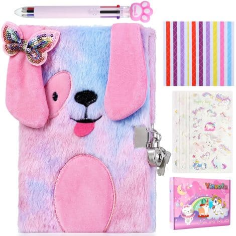 Yinuofa Girls’ Puppy Dog Secret Diary Gift Set – Includes Lock, Keys, Pen, Stickers. Perfect for ages 5-11.