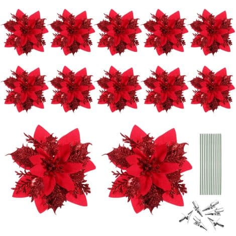 Toyvian Glittery Fake Poinsettia Flowers Set – Decorate your Christmas tree and parties with Red petals and clips.