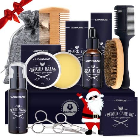 Men’s Christmas beard grooming set, with balm, wash, oil, comb, brush, scissors, and thinning comb. Perfect gift for loved ones.