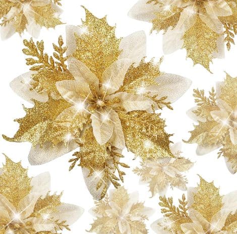 BLAZOR Festive Décor, Glitzy Artificial Poinsettia Flowers for the Xmas Tree, Large Golden 20PCS.