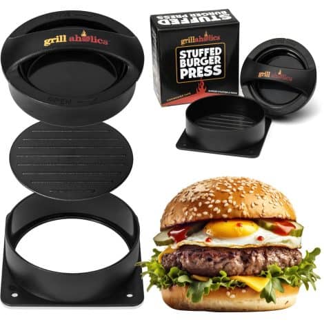 Grillaholics Burger Creator – Make regular or stuffed 0.5 lb burgers effortlessly, no sticking. Fast & easy!