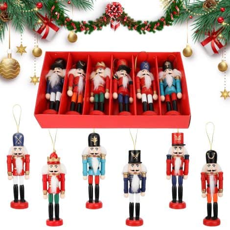 Andiker’s Festive 6-piece Christmas Nutcracker Ornaments – Beautifully Handcrafted Wooden Soldiers for Tree Decor. Perfect Gifts!