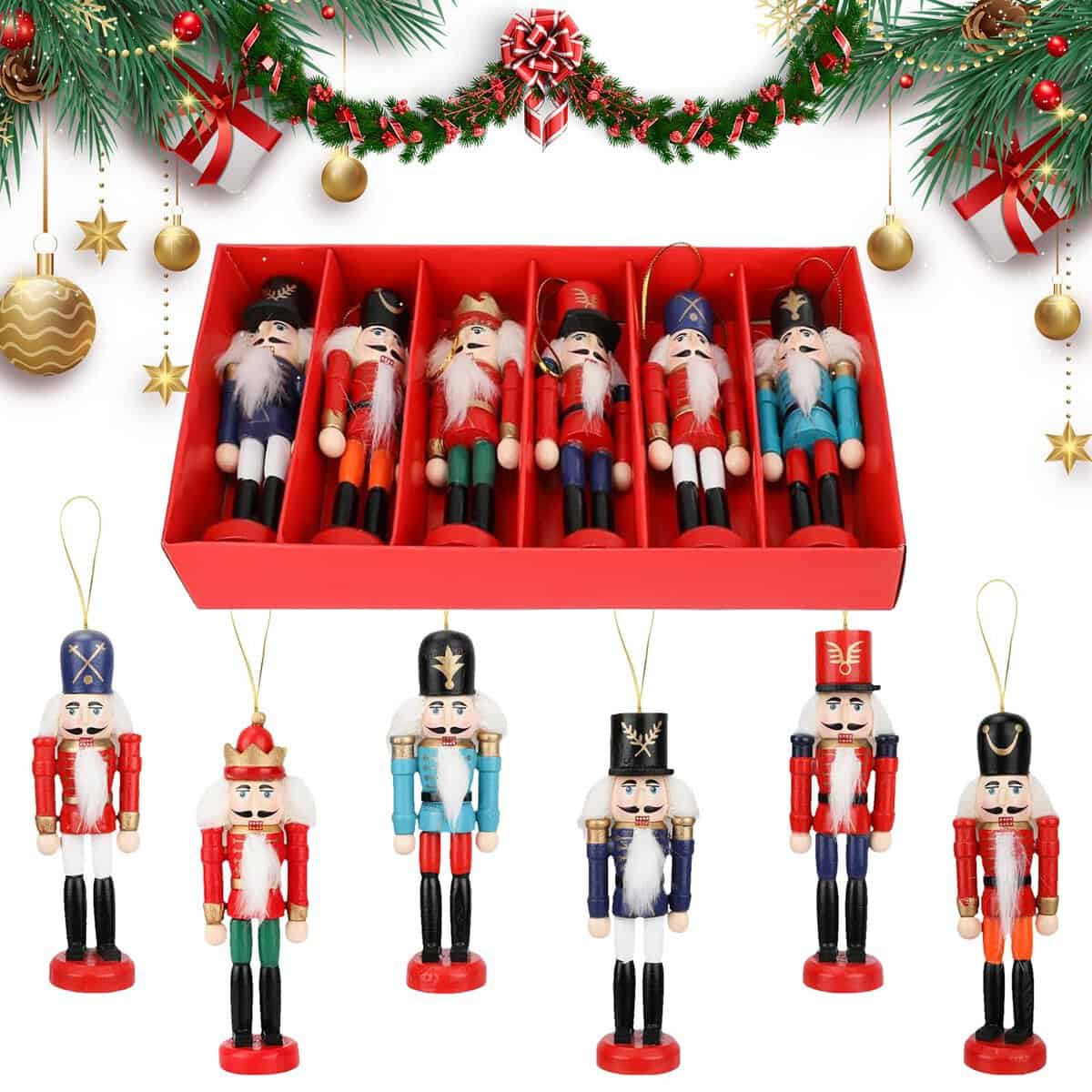 Andiker 6 Pcs Christmas Nutcracker Ornaments, Exquisite Wooden Nutcracker Soldier Handcraft, Xmas Tree Hanging Pendant Decorations for Gifts Home Display