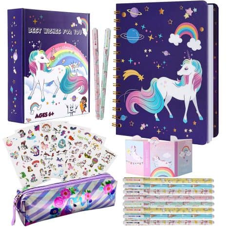 Unicorn-themed stationery set for girls aged 5-11, including pencil case, notebook, pen, sticky notes, and stickers. Great for birthdays, Christmas, or back to school.