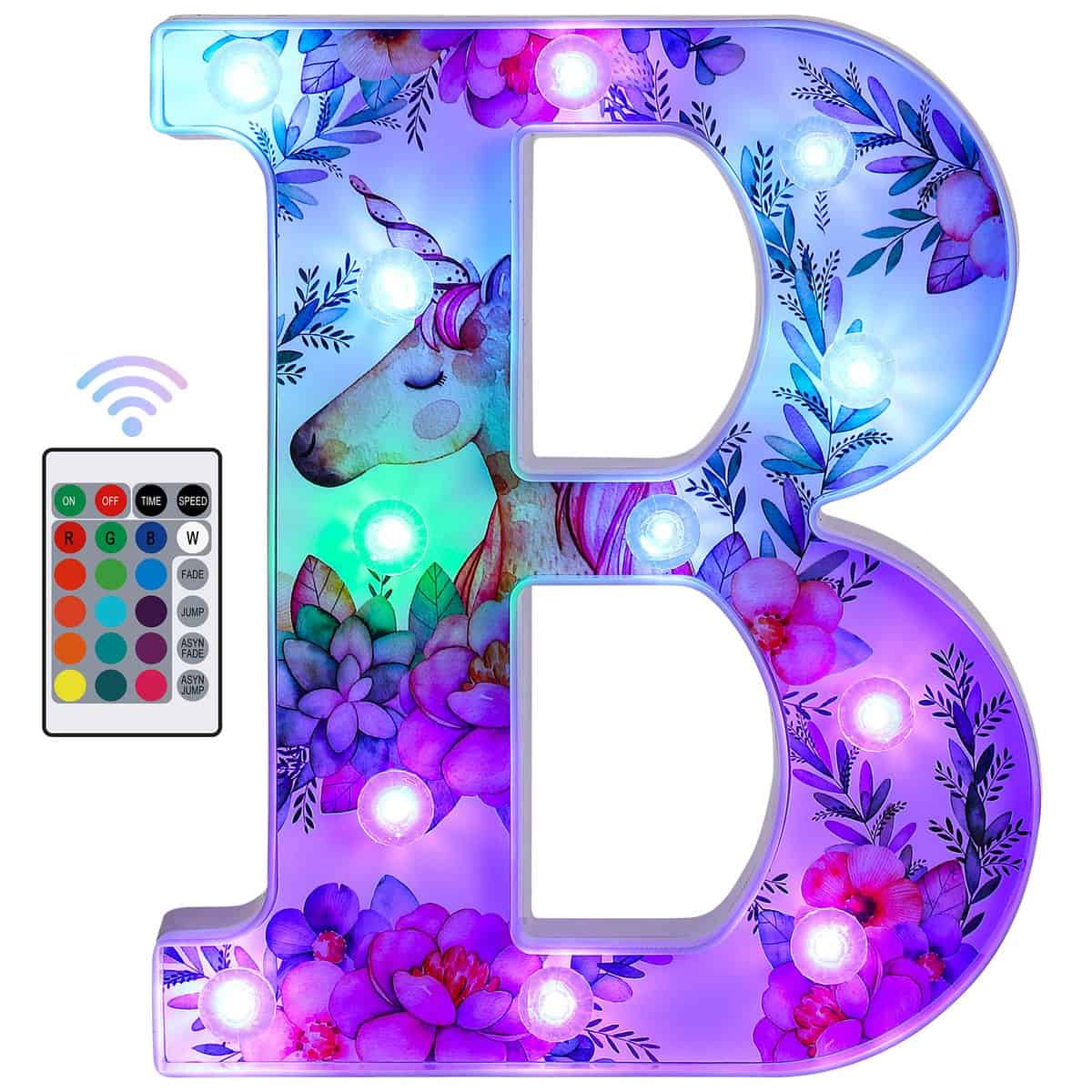 Foaky LED Letter Lights Sign Light Up Unicorn Letters Letter Sign for Night Light Wedding/Birthday Party Battery Powered Christmas Lamp Girls Gifts Home Bar Decoration (B)