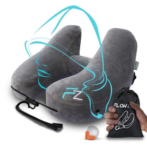 “Get comfortable on your flight with the FLOWZOOM AIR. This grey inflatable travel pillow is perfect for adults!”