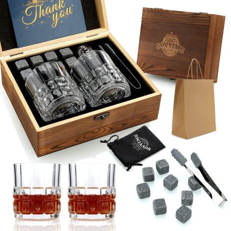 Whiskey Rocks Glasses Set, 2 Scotch Glasses, 8 Granite Chilling Stones, Wooden Gift Box for Whiskey Enthusiasts.