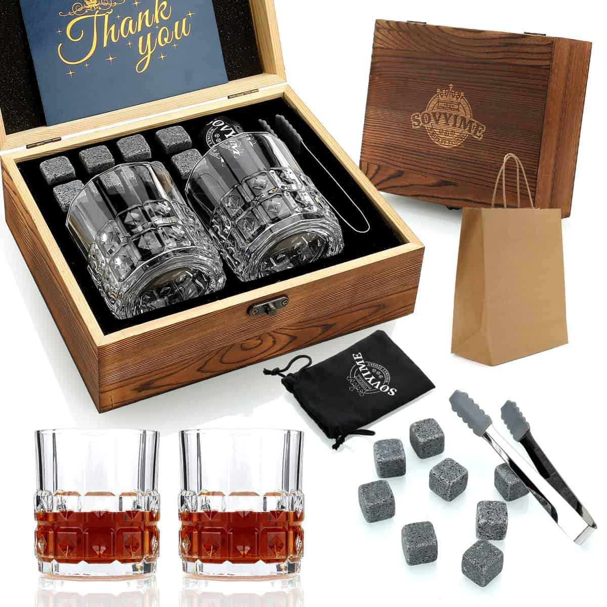 Whisky Stones Glasses Gift Set, 2 Scotch Glasses 8 Granite Chilling Rocks, Wooden Gift Box Burbon Present for Whisky Lovers/Men/Christmas/Birthday/Father’s Day (Embossed Round)