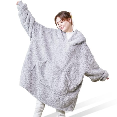 Mia&Coco Cosy Grey Hoodie Blanket for Women and Men, with Oversized Hood, Pocket, and Sherpa Fleece.