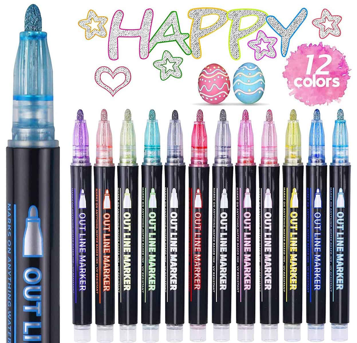 ECtury Glitter Pens Outline Marker Pens, Gifts for Teenage Girls, Stocking Fillers Kids, 12 Colours Double Line Metallic Outline Pens for Scrapbooking, Christmas Gifts for 4-12 Year Old Girls Kids