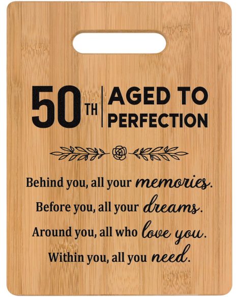 Celebrate the milestone of turning 50 with the Elequaint Personalised Bamboo Cutting Board – perfect gift!