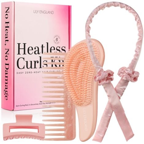 Lily England’s Heat-Free Curling Set: Perfect Christmas stocking fillers for women and teen girls, creating gorgeous curls without heat. Ideal 6-piece present for teenage girls, available in satin pink.