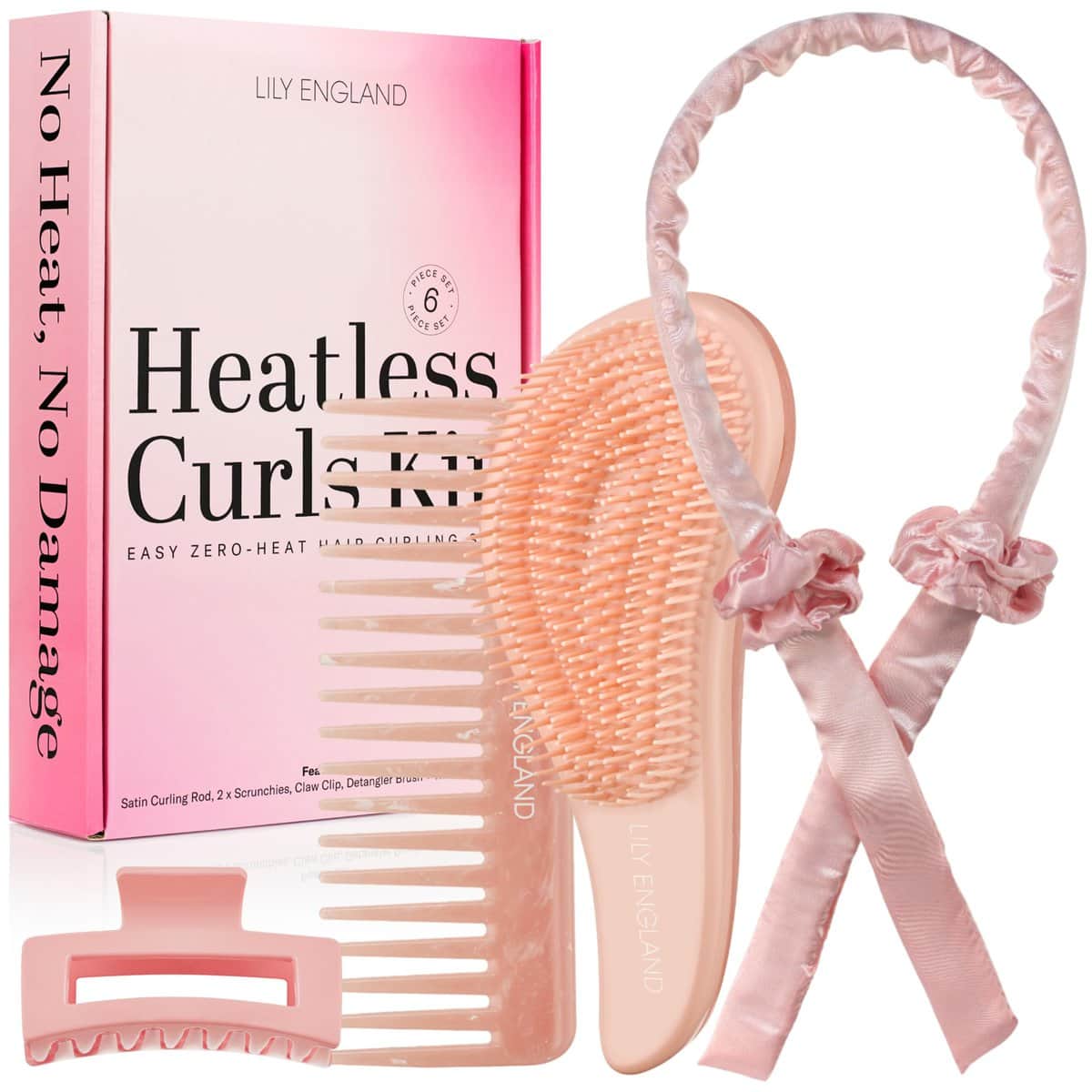 Lily England Heatless Curlers Gift Set, Christmas Stocking Fillers for Women & Teen Girl Gifts - Heatless Curls for Long Hair, 6 Piece Christmas Gifts for Teenage Girls, Satin Pink