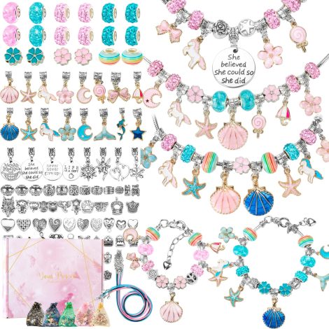 Pink Balcony and Juice Girls Gifts Charm Bracelet Set – 112 pieces, ideal for girls aged 5-12.