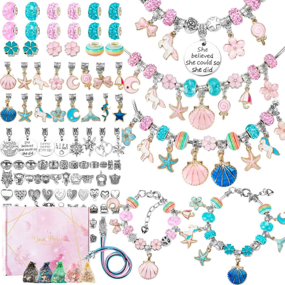 Balcony and Juice Girls Gifts Charm Bracelets Kit 112PCS, Beads for Jewelry Making DIY Craft Kits,Beautiful Birthday Presents Girls Gifts Age 5 6 7 8 9 10 11 12 Teenage Girls (Pink)