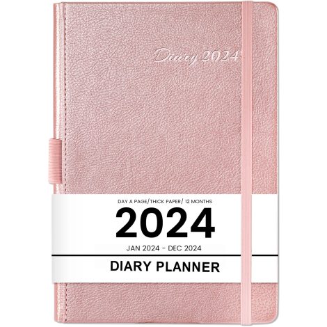 2024 Daily Planner – A5 size, one page per day, with monthly labels, pocket, rose gold details.