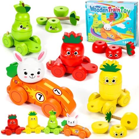 Wooden Fruit and Animal Car Toy – Stackable and Colourful Sorting Toy with Rabbit, Carrot, Strawberry, and more. Ideal for 2+ year olds.