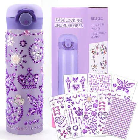 Customizable Water Bottle Kit for Girls 4-9: Design a Sparkly Vacuum Flask with Gem Stickers. Perfect Gift for Birthdays!