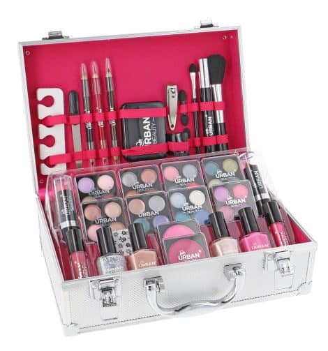 LOVE URBAN BEAUTY Shimmering Makeup Collection – 60-Piece Vegan Makeup Kit for British Teens – Stylish Silver Case – Portable and Light – Ideal for Travel.