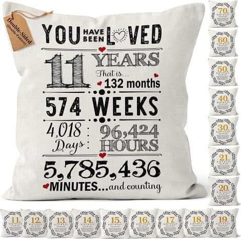 Kies HOME®(Double-Sided) 11 Year Old Gifts Cushion Covers 18×18 Inches for Girls and Boys. Popular 11th Birthday Decorations.