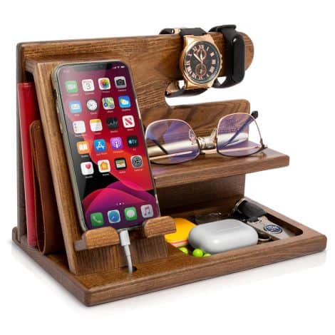 Teslyar Wooden Phone Station, Key Holder, Wallet Stand, and Desk Organizer – Ideal for men’s gifts and occasion.