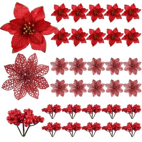 “Get festive with 30 artificial red Christmas poinsettia flowers and holly berries for tree ornaments and wreath decorations.”