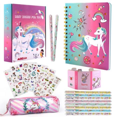 Unicorn-themed stationery sets with a pencil case, pen, notebook, stickers, and sticky notes, perfect for girls aged 5-10. Ideal gifts for Christmas or birthdays.