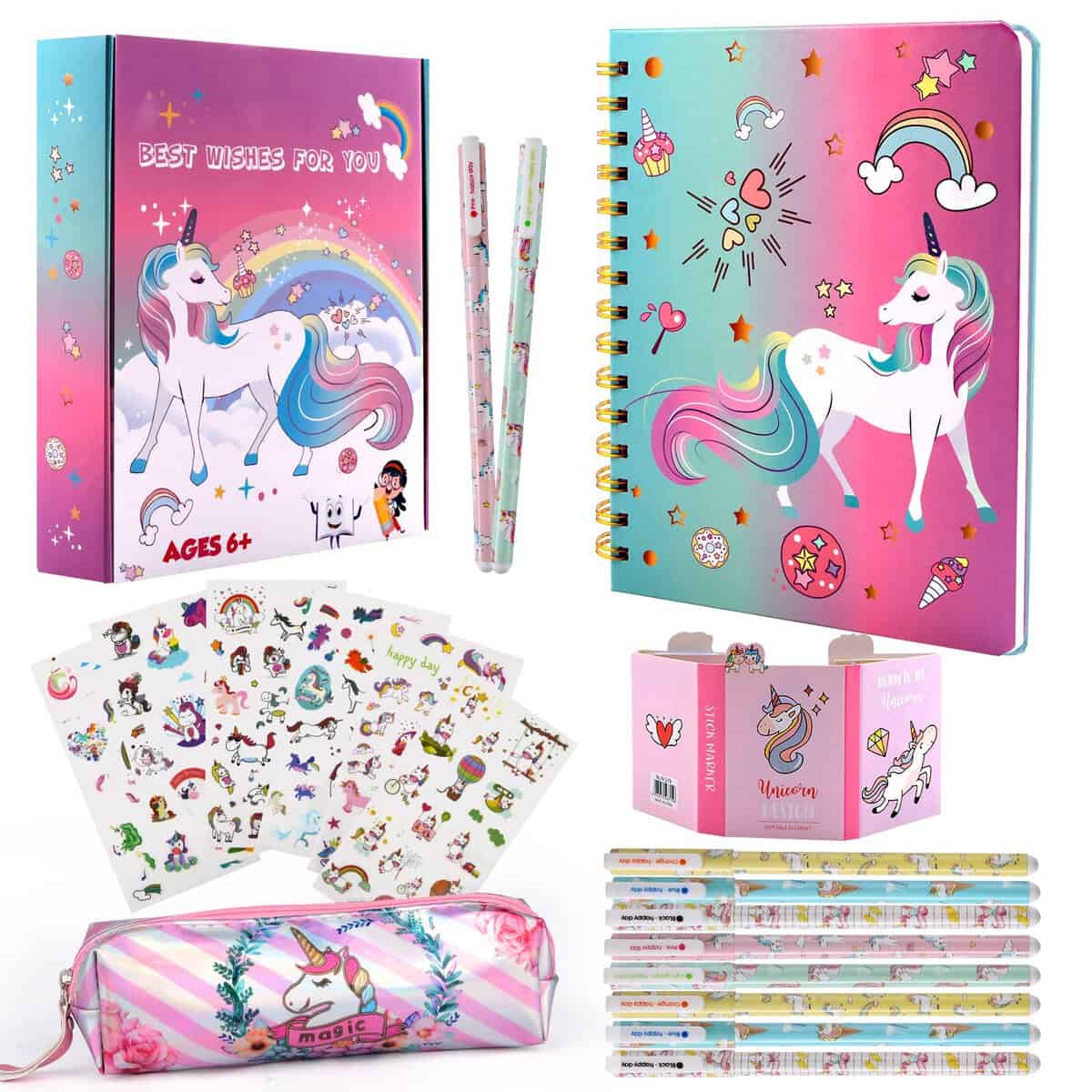 Unicorn Gifts for Girls Age 5 6 7 8 9 10 Year Old, Christmas Gifts Birthday Gifts for Girls Unicorn Pencil Case Pen School Supplies Girls Stationery Sets Notebook Diary Stickers Sticky Notes