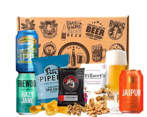 The Beer Lover’s Hamper Gift Set for Him and Her| 3 Ale/IPA Cans, Tasting Glass, Snacks, Coaster.