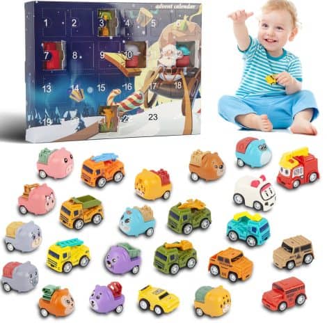 2023 Children’s Advent Calendar: 24 Pull Back Car Toys, Animal Vehicle Toys for Boys and Girls. Perfect Xmas Gift!