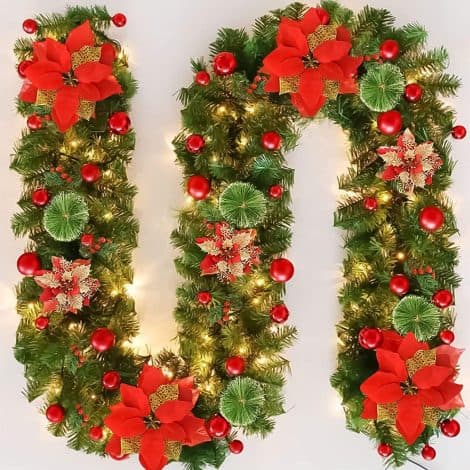 Christmas Garland with Lights, 270 cm, creates a cozy ambience. Perfect for indoor festive decorations. (Red)