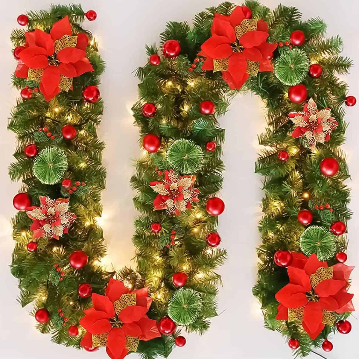 Christmas Garland with Lighting, 270 cm, Warm White Christmas Garland, Artificial Christmas Decoration Garland for Interior Decoration, Fireplaces, Stairs, Wall Door Home Decorations (Red)