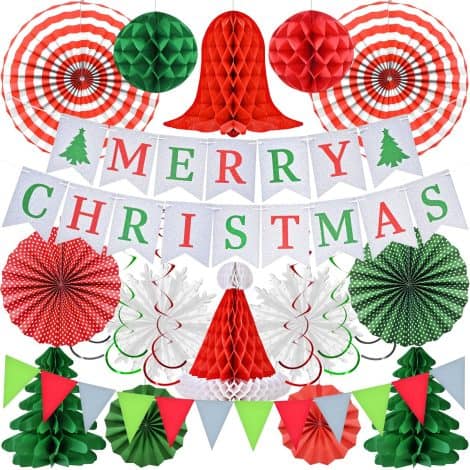 AhfuLife Christmas Party Banner Set: Festive Merry Christmas Banner for British homes, with reusable paper and honeycomb decorations.