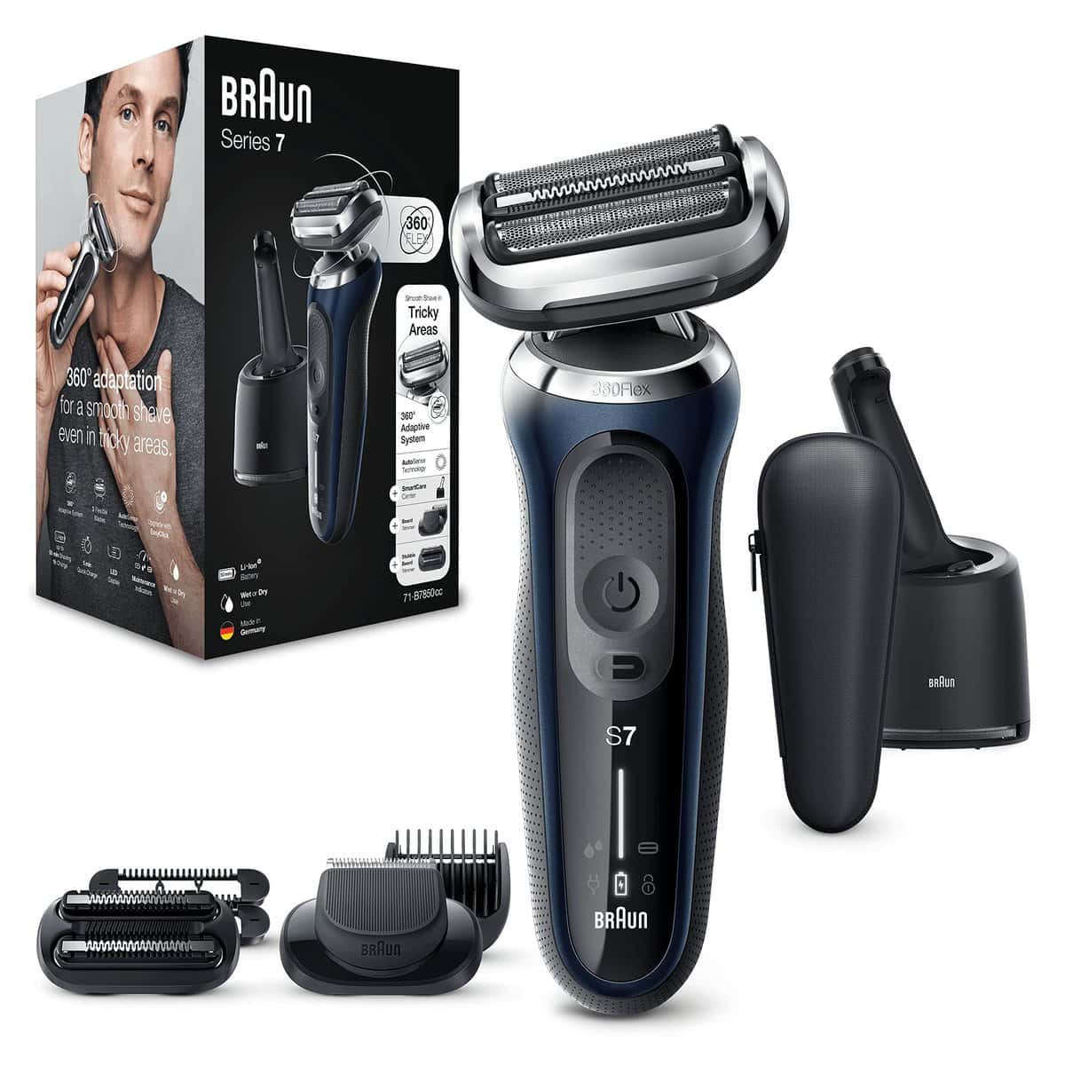 Braun Series 7 Electric Shaver for Men With Beard Trimmer & Stubble Beard Trimmer Attachments, Rechargeable, Cordless Foil Razor, Wet & Dry, Smart Care Centre, Gifts For Men, 70-B7850cc, Blue Razor