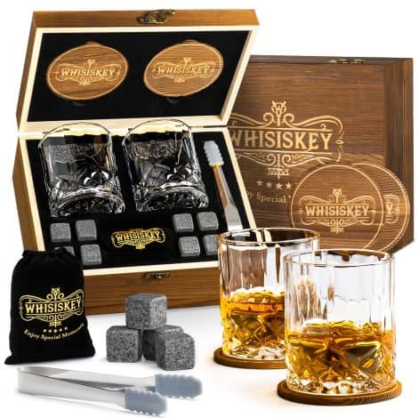 WhiskEase – Set of 2 Whisky Glasses with 8 Stones, 2 Coasters, Pliers; Reusable Ice Cubes. Ideal Gift for Men.