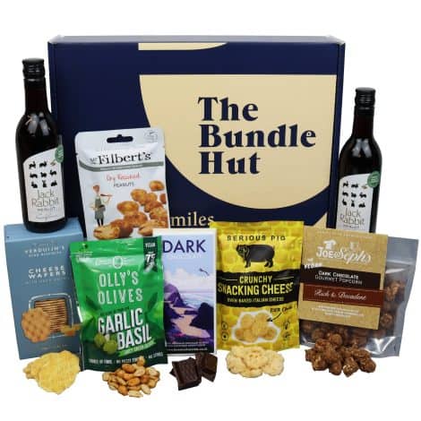 The Bundle Hut’s Red Wine, Chocolate, and Snacks Hamper – perfect for gifting to anyone. (Blue Box)