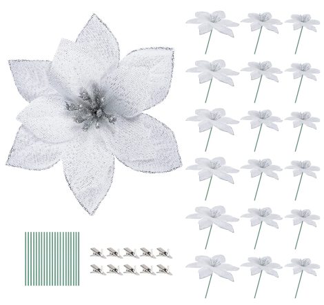 Homewit’s 32pc Christmas Flower Set: DIY artificial flowers in silver, ideal for decking your tree & home.