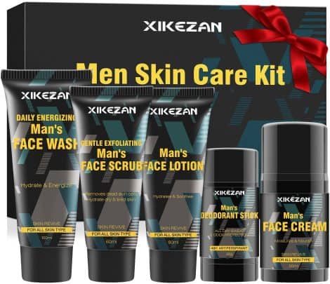 Men’s skincare set with face wash, scrub, lotion, cream, deodorant. Unique Christmas gifts for British men.