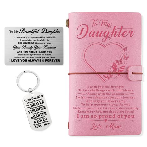 PRSTENLY Daughter Gifts Bundle: Pink Leather Journal, Wallet Card, Key Ring. Perfect gifts on special occasions!