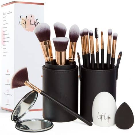 Ultimate Vegan Makeup Brush Set: Luxurious 16-Piece Collection with Professional Brushes, Travel Case, Beauty Blender, and more.