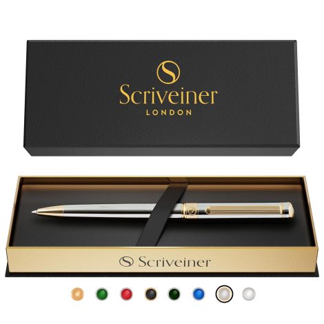 Scriveiner’s Silver Chrome Ballpoint Pen – Elegant luxury pen with a 24K gold touch. Perfect gift for anyone!