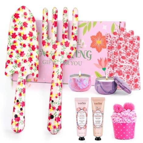 Gardening Presents Package for Ladies: 8-Piece Gardening Equipment Set with Hand Tools, Hand Creams, Candles, Socks, and Gloves. Perfect Mother’s day or Birthday Gift for Female Gardeners.